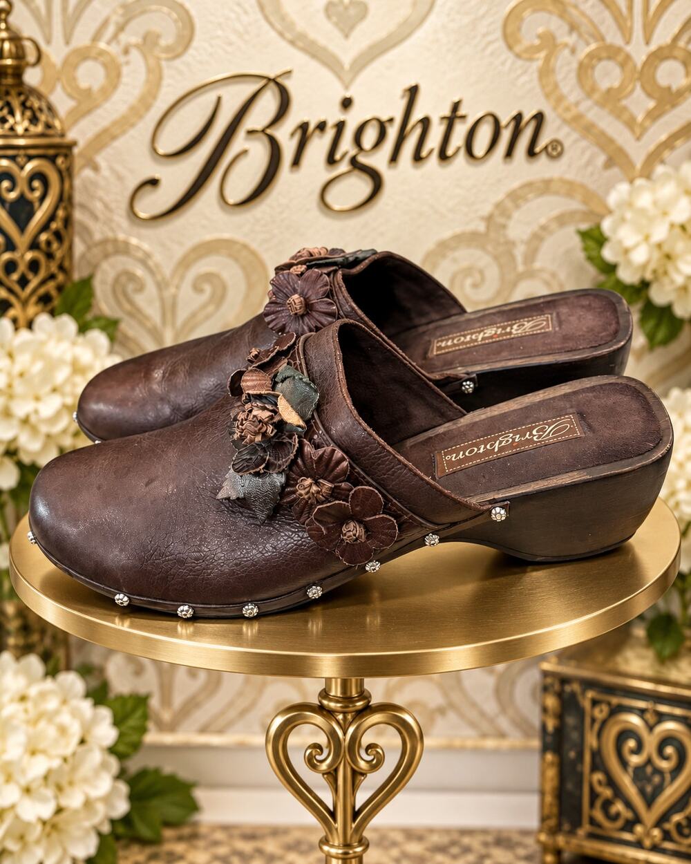 Brighton Dutch Brown Leather Floral Mule Clogs Women’s 8M